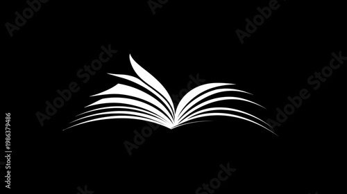 Stylized white open book icon with fanned pages on a black background, symbolizing knowledge, education, reading, and learning
