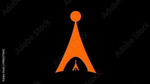 Abstract orange geometric tower design with nested structure, minimalist architectural illustration icon on black background.