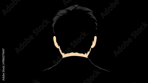 Rear view illustration of a person's head and shoulders with short dark hair against a black background, symbolizing anonymity.