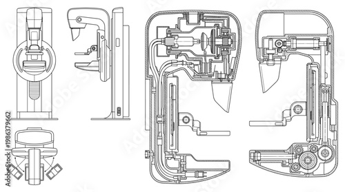 Mammography Machine Medical Equipment Technical Drawing Blueprint, Front Side Top and Internal Cross-Sectional Views Line Art Vector