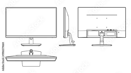 Computer Monitor Display Technology Technical Drawing Blueprint, Front Side Top and Internal Cross-Sectional Views Line Art Vector