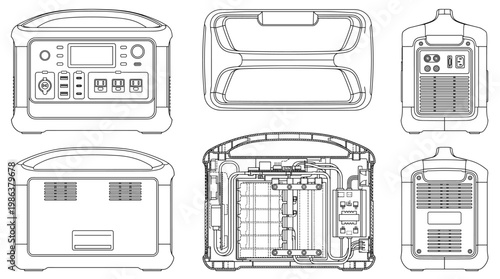Portable Power Station Energy Technology Technical Drawing Blueprint, Front Side Top and Internal Cross-Sectional Views Line Art Vector