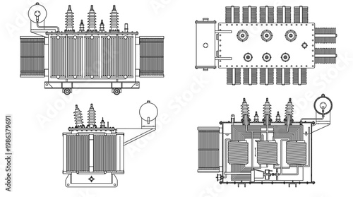 Power Transformer Electrical System Technical Drawing Blueprint, Front Side Top and Internal Cross-Sectional Views Line Art Vector