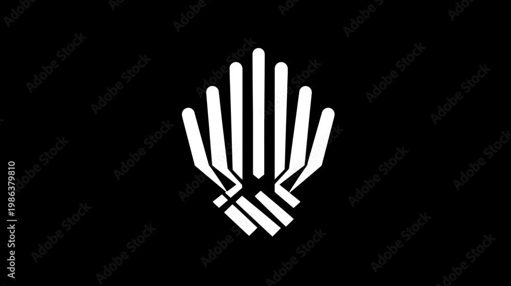 Fototapeta premium Elegant abstract white geometric symbol on a minimalist black background, representing modern technology, connection, and unity.