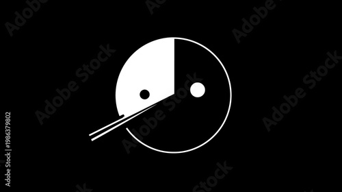 Minimalist black and white abstract graphic with a half-split circle, dots resembling eyes, and chopsticks, on a dark background.