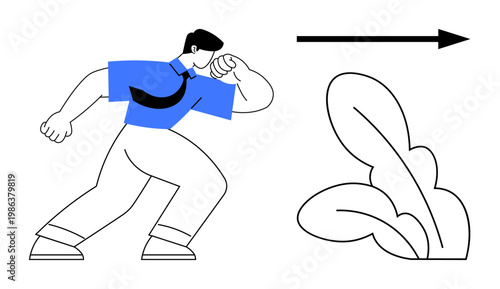 Leadership, decision-making, goal setting, career growth, business strategy, forward movement. Businessman leaning forward, pointing in a determined pose with arrow and leaves. Leadership and goal