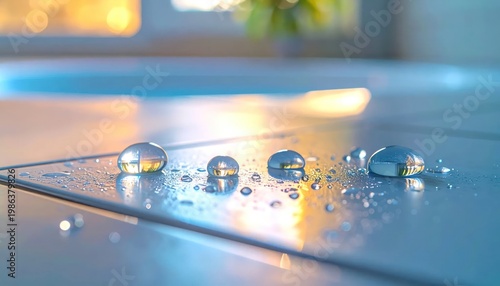 Close-up Macro Shot of Water Droplets on a Reflective Surface.