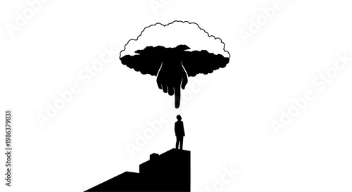 Man standing on stairs under pollution cloud.