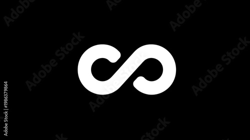 White infinity symbol on a solid black background, representing eternity, endlessness, and limitless possibilities