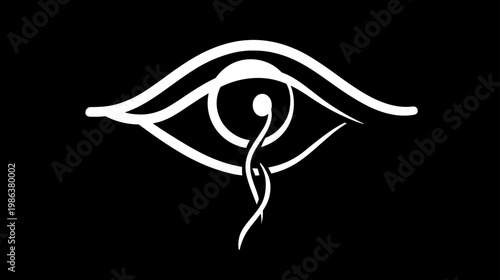 Abstract stylized eye with teardrop design on black background. Elegant white line art graphic symbol of vision, emotion, and insight.