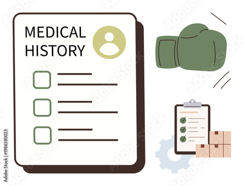 Health documentation, medical services, logistics, supply chain, preparedness, health monitoring. Medical history sheet, boxing glove clipboard shipment boxes gear icon. Medical services