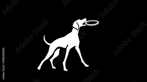 Dynamic white dog silhouette catching a frisbee on black background, graphic vector illustration of a playful pet.