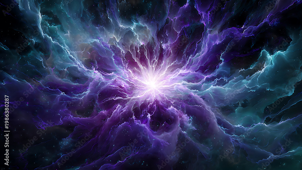 Fototapeta premium Vibrant nebula with bright central light and cosmic dust, 3D rendering, suitable for science fiction, abstract backgrounds and space exploration promotion.
