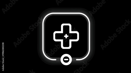 Neon glowing plus and minus button icon, futuristic user interface element for quantity adjustment or zoom control on black background