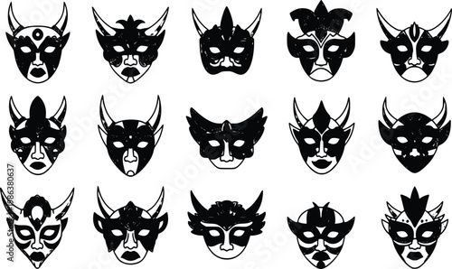 Black and gold ornate venetian masquerade masks vector set with horned designs and detailed filigree for luxury events