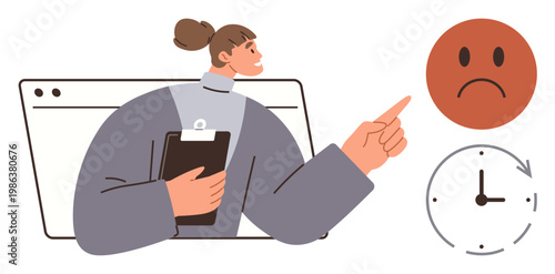 Time management, work stress, deadlines, task prioritization, professional evaluation, productivity challenges. Woman pointing at a sad face and clock. Time management and work stress concept