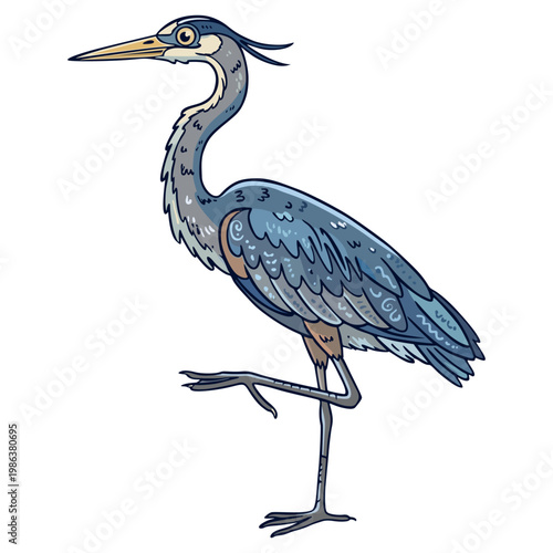 Whimsical Great Blue Heron Vector with Doodle Patterns, Isolated Nature Graphic