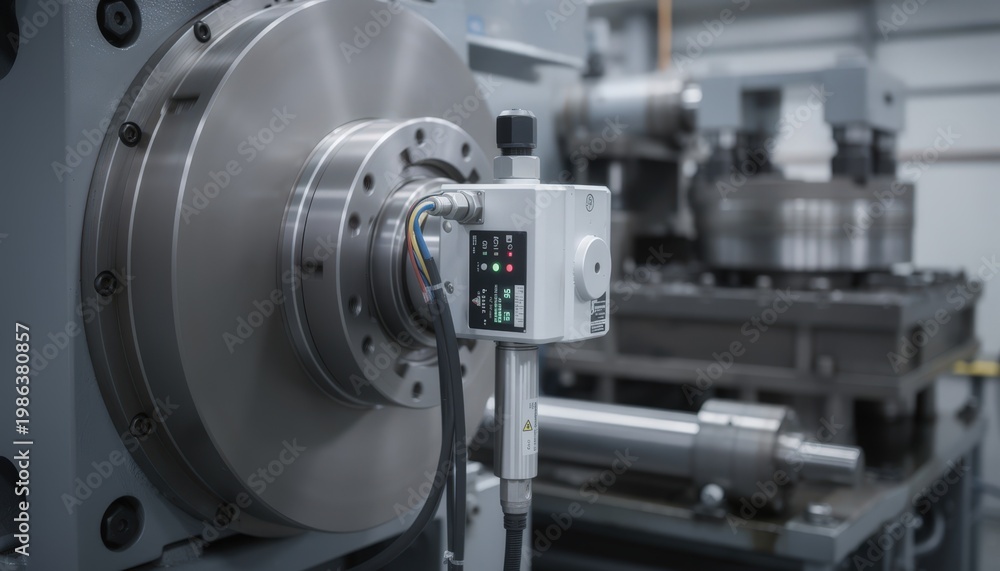 Fototapeta premium Medium shot focusing on torque monitoring system on cold header press providing live feedback for improved control and die wear alerts to prevent breakdowns.