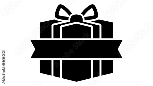 Gift box icon with a blank ribbon banner for text, flat vector design