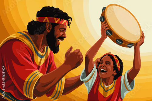 Joyful father and daughter playing tambourine in colorful traditional clothing, festive cultural celebration vector illustration