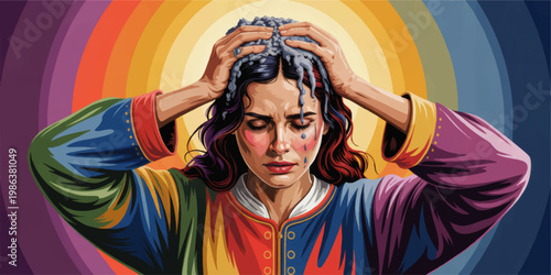 Colorful pop art portrait illustration of a distressed crying woman holding her head in pain against a vibrant rainbow background