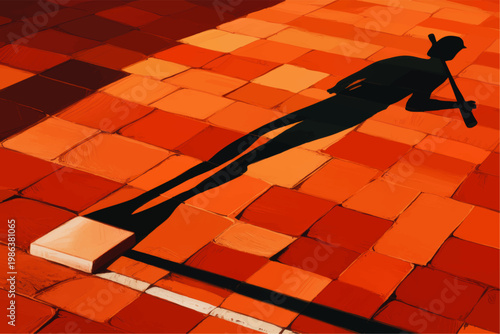 Baseball player shadow stretching across orange infield tiles with base, stylized sports illustration, dynamic game concept art