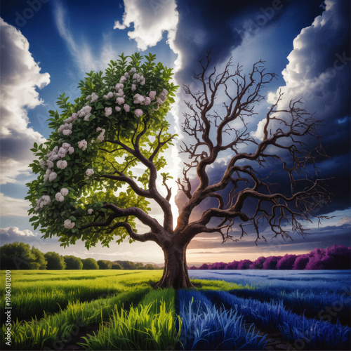 Surreal split tree with blooming life and barren branches under dramatic sky, climate change and nature duality concept