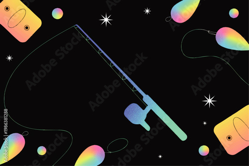 Colorful fishing rod and reels on black background with gradient lures, stars and modern abstract angling illustration