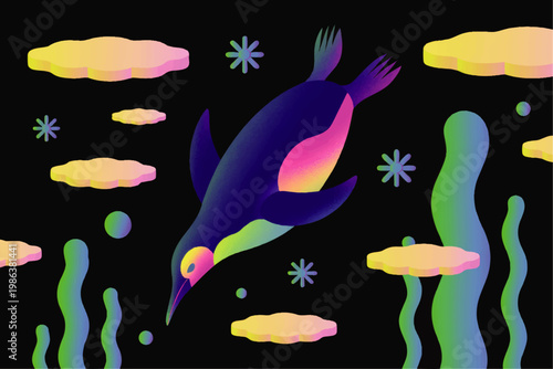 Colorful neon dolphin swimming through surreal underwater scene with coral, bubbles and abstract clouds on black background