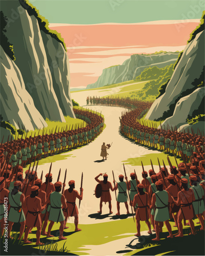 Biblical Scene of Moses Parting the Sea with Ancient Warriors in Canyon Passage, Dramatic Vintage Style Illustration