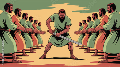 Biblical warrior performing sword feat between applauding crowds in desert, vintage illustration of faith, courage, strength