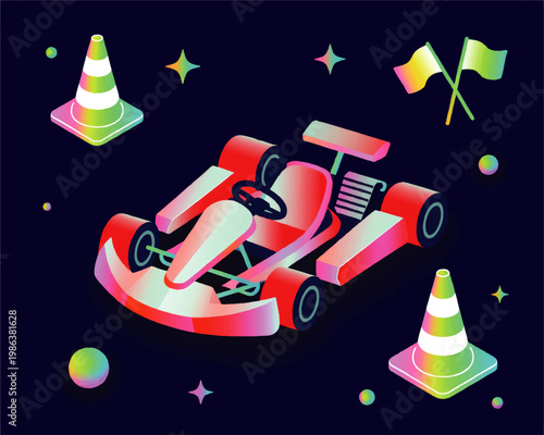 Neon go kart racing illustration with traffic cones and checkered flags on dark background, colorful motorsport vector art