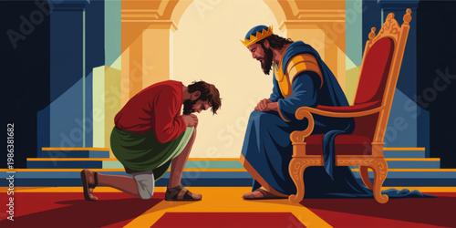 Compassionate king on throne forgiving kneeling man in palace interior, biblical parable scene, mercy and repentance illustration