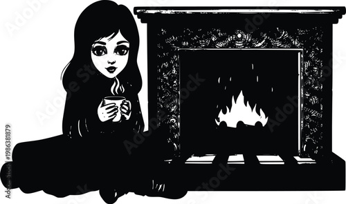 Cute girl holding coffee mug by fireplace flat vector illustration in kawaii style for winter cozy concepts