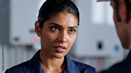 Close-up of a female engineer in a serious discussion with a colleague. Professional Indian technician talking about a heating system in an industrial plant