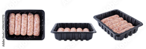 Raw meat sauseges in a black plastic box