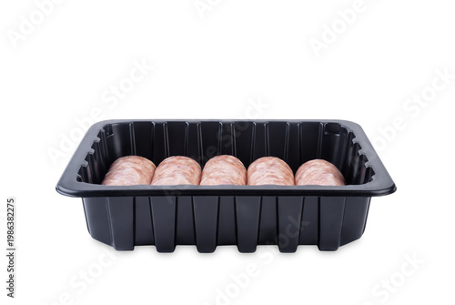 Raw meat sauseges in a black plastic box