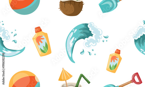 Seamless summer beach pattern with tropical vacation elements and waves