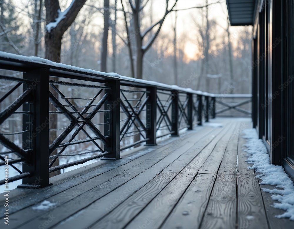 Naklejka premium Dark composite deck with X-design railing overlooks winter woodland. Snow covers ground and structure edges. Trees and setting sun visible through railing pattern.