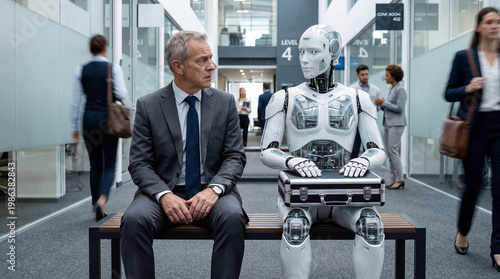 Artificial intelligence robot job interview against a human candidate, career, job search, ai
