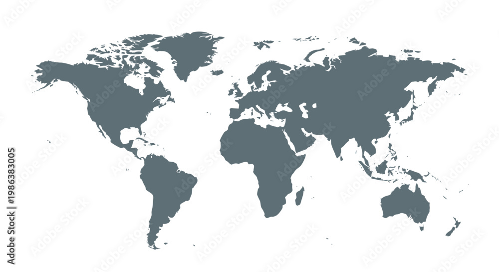 Fototapeta premium Stylized world map with continents in grey on white background.