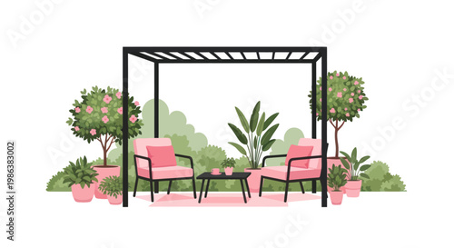 Cozy outdoor seating area under a pergola with potted plants.