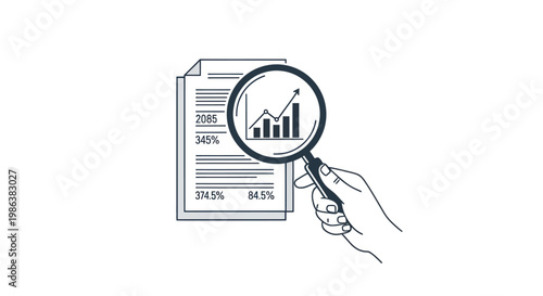 Hand holding a magnifying glass over a financial report with a growth chart.