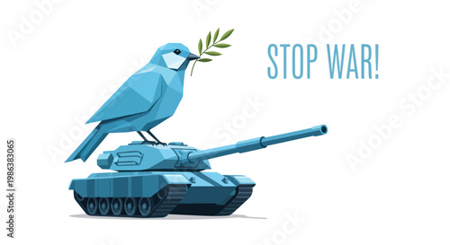 Peaceful bird with olive branch on tank with text stop war