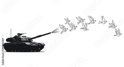 Tank launching origami doves symbolizes peace emerging from conflict.