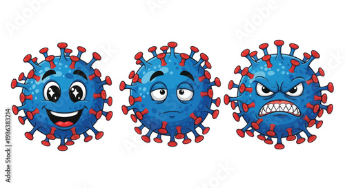 Set of three blue coronavirus cartoon characters with different facial expressions