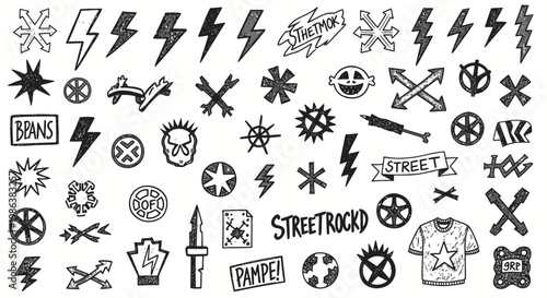 Set of hand-drawn punk rock doodles and grunge urban street art icons