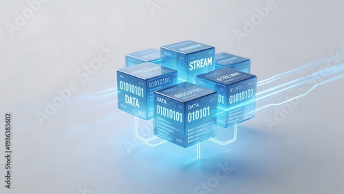 Blue cubes with binary data and stream labels