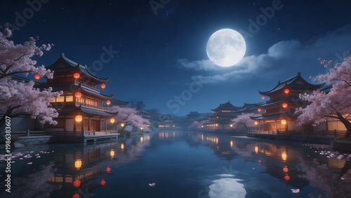 Traditional Asian buildings by moonlit river