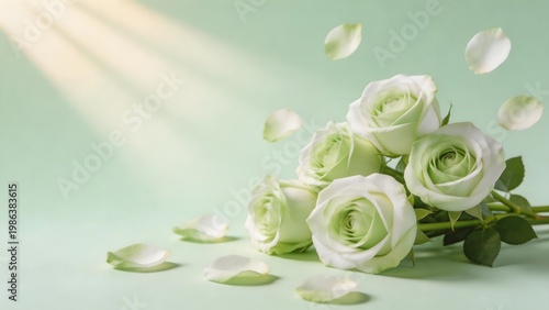 White roses with petals on green background